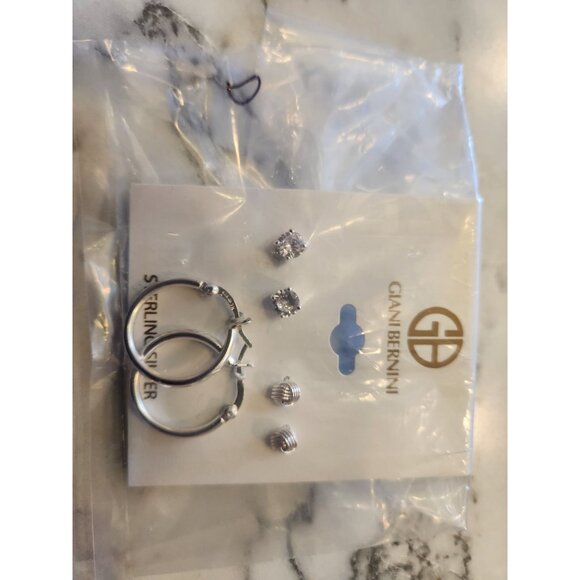 Giani Bernini Sterling Silver Earring Trio Set Hoops & Studs CZ Textured Designs - Picture 2 of 4